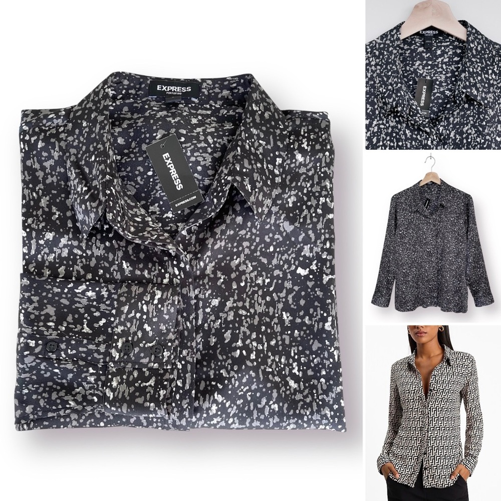 EXPRESS Portofino Satin Shirt Long Sleeves Concealed Button Front Relaxe…